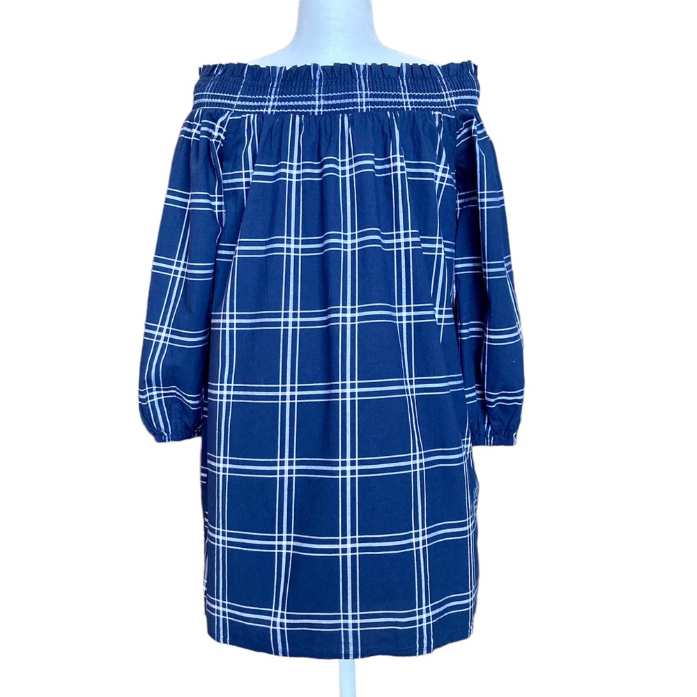 Abercrombie & Fitch Women’s off-the shoulder puff sleeves navy plaid dress Sz M - Picture 13 of 15